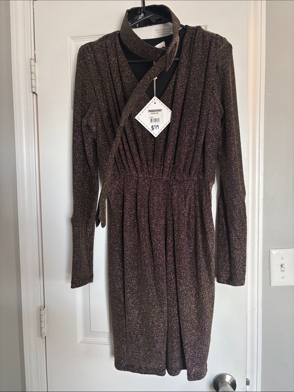 Metallic Plum Long Sleeve Wrap Dress